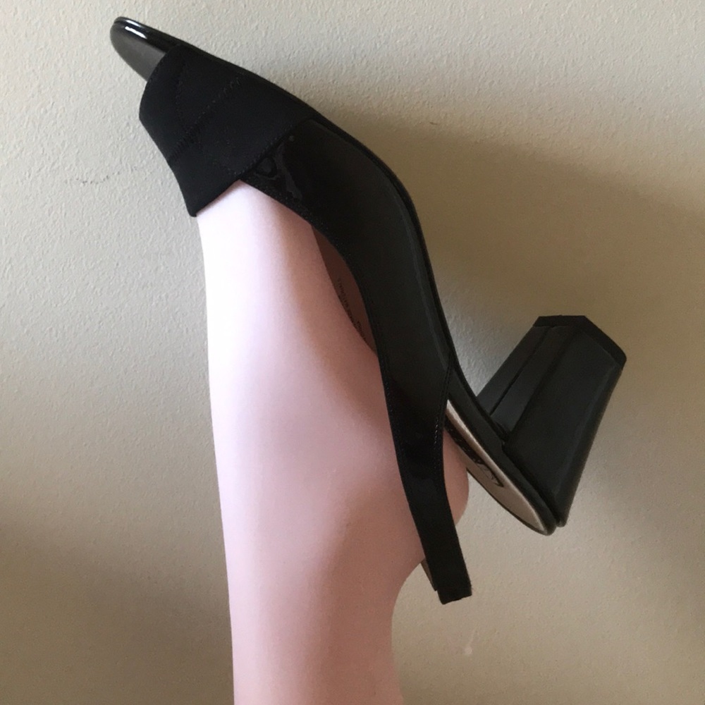 Carole Little Black Patent and Fabric Slingback Block Heel